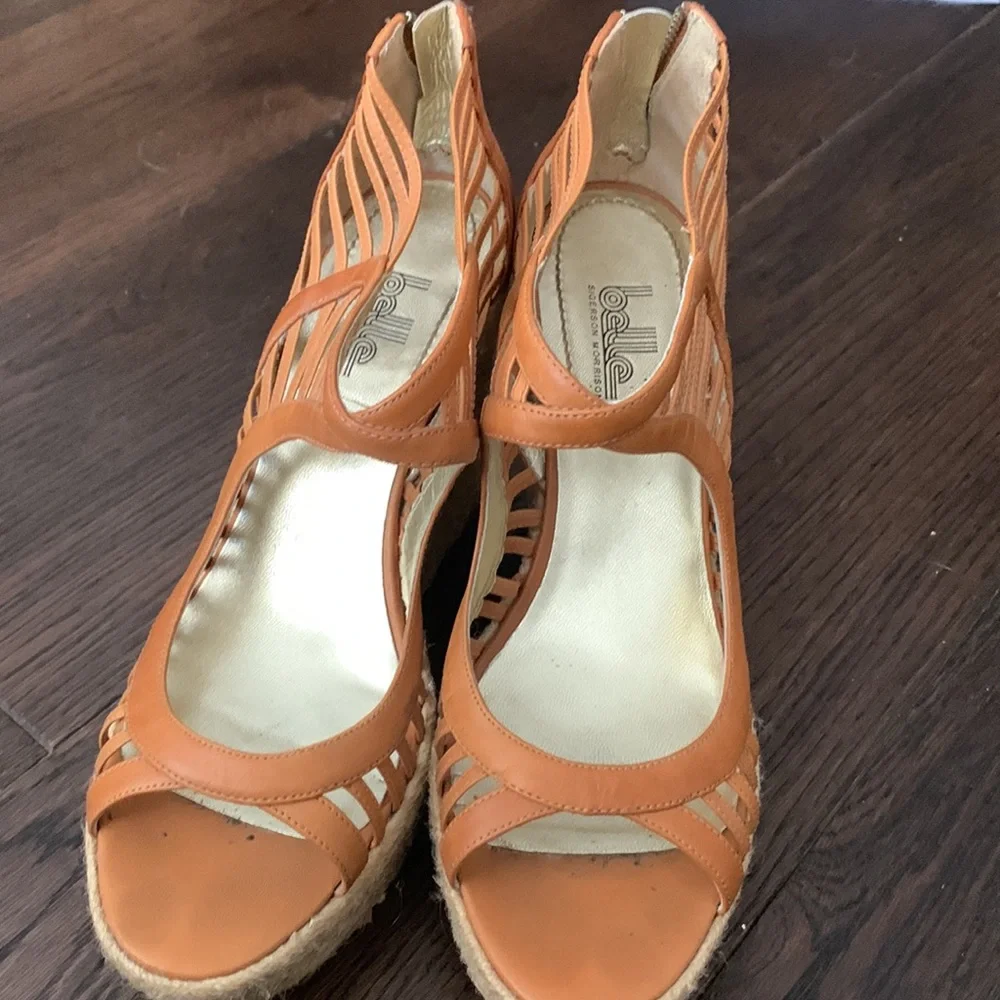 Belle by Sigerson Morrison luggage tan 70s wedges retro style